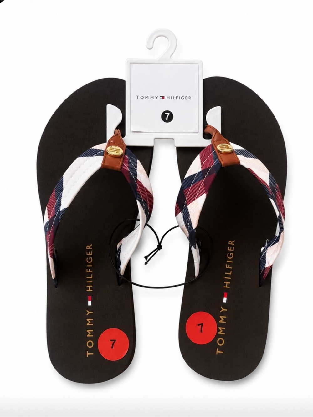 Tommy Hilfiger Black Flip Flops with Red, Navy & White Plaid Straps